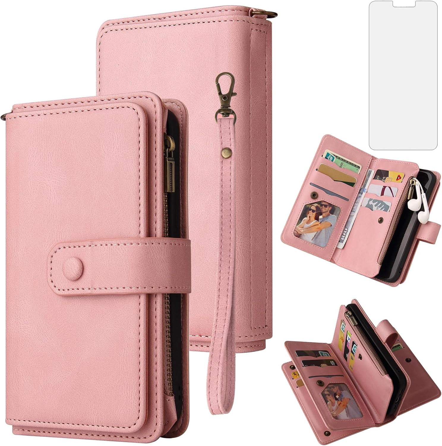 Solennerer Phone Case for iPhone 12 Mini 5.4 Wallet Cover with Tempered Glass Screen Protector and Wrist Strap Flip Credit Card Holder Slot Stand Cell iPhone12mini 5G i 12s iPhone12 12mini Women Men