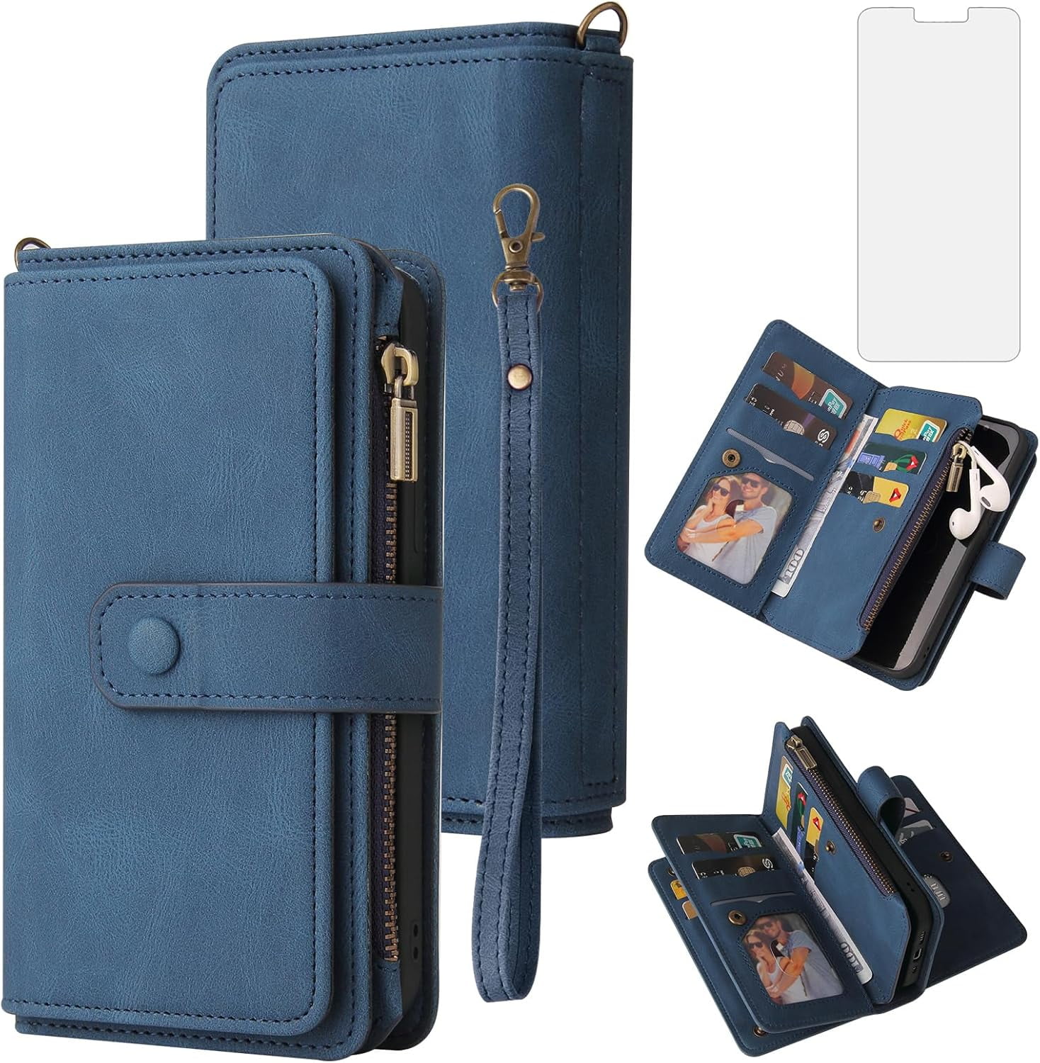 Solennerer Phone Case for iPhone 12 Mini 5.4 Wallet Cover with Tempered Glass Screen Protector and Wrist Strap Flip Credit Card Holder Slot Stand Cell iPhone12mini 5G i 12s iPhone12 12mini Women Men