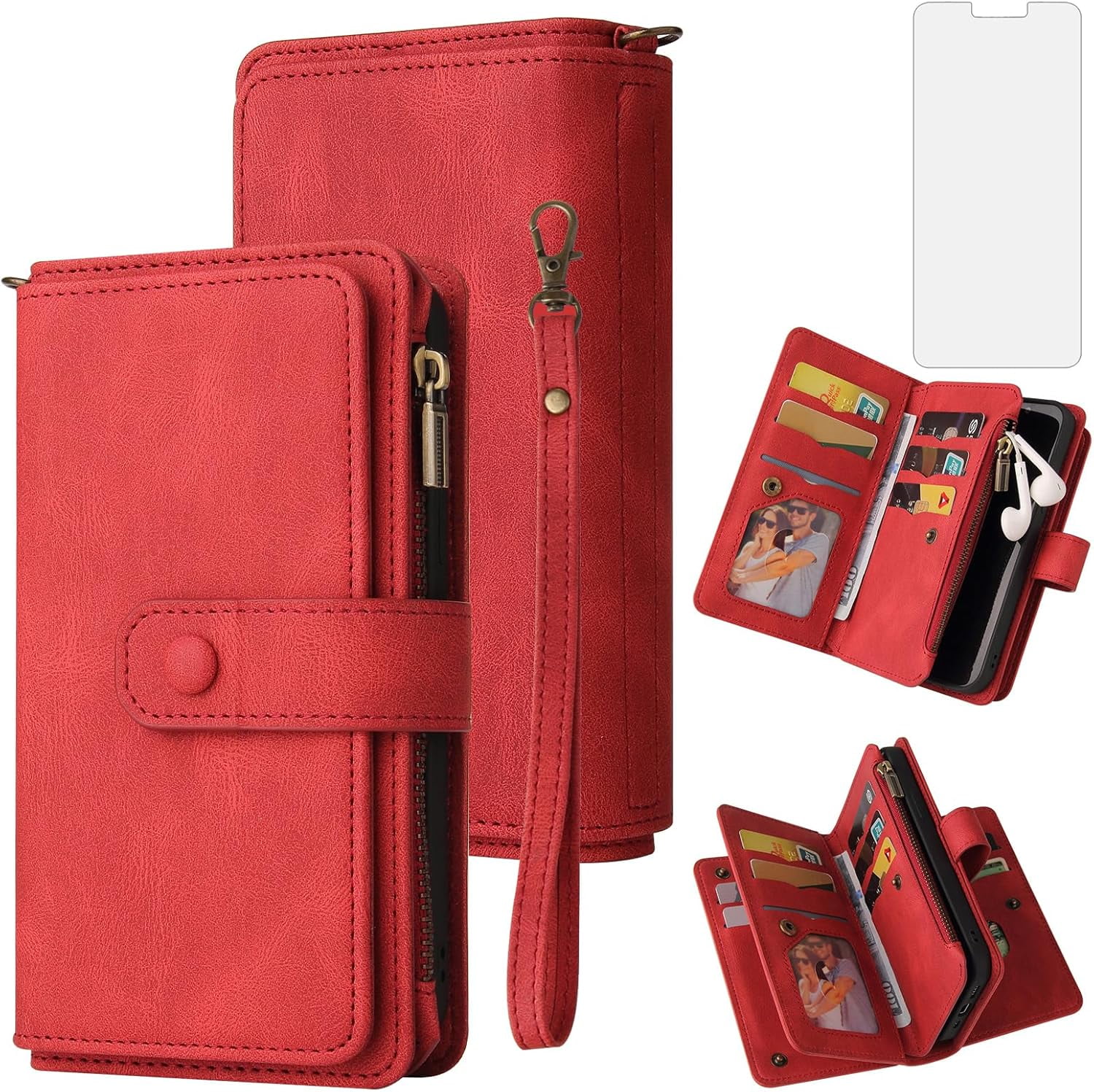 Solennerer Phone Case for iPhone 12 Mini 5.4 Wallet Cover with Tempered Glass Screen Protector and Wrist Strap Flip Credit Card Holder Slot Stand Cell iPhone12mini 5G i 12s iPhone12 12mini Women Men