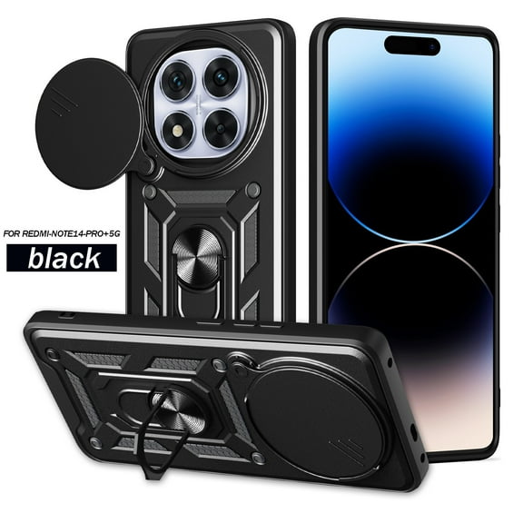 Solennerer for Xiaomi Redmi Note 14 Pro+ Plus 5G Case with Slide Camera Lens Cover & Rotated Ring Kickstand, [Fit Magnet Car Mount] Military Grade Shockproof Cover for Redmi