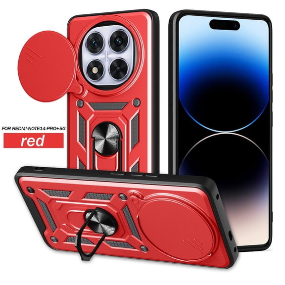 Solennerer for Xiaomi Redmi Note 14 Pro+ Plus 5G Case with Slide Camera Lens Cover & Rotated Ring Kickstand, [Fit Magnet Car Mount] Military Grade Shockproof Cover for Redmi