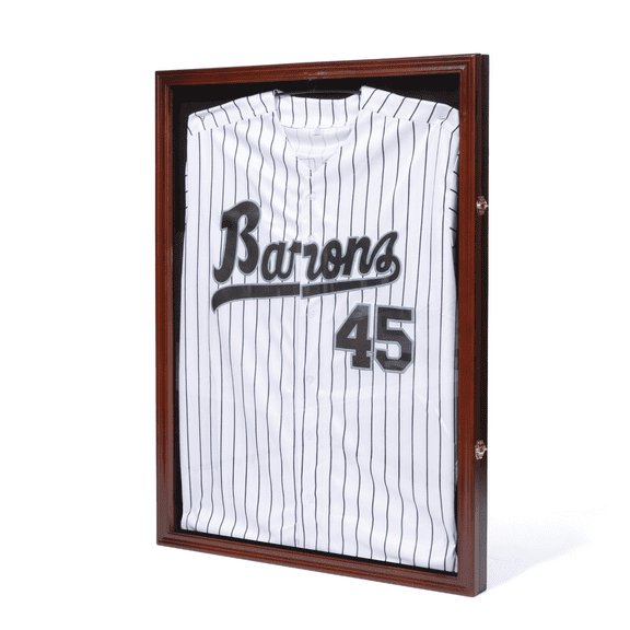 Solentra Jersey Display Case, Wall Mount or Freestanding Sports Jersey Frame with Lockable Acrylic Door, UV Protection  Cherry  Color