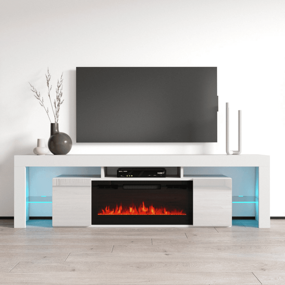 Soleo BL-EF Fireplace TV Stand for TVs up to 90", Modern High Gloss 79" Entertainment Center, Electric Fireplace TV Media Console with Storage Cabinets