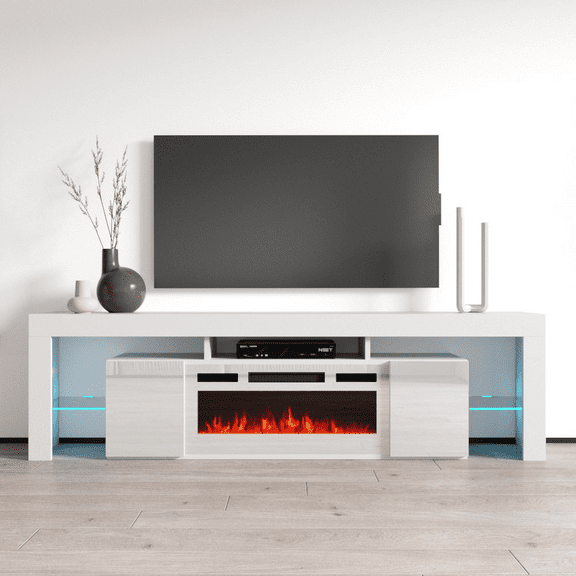 Soleo WH-EF Fireplace TV Stand for TVs up to 90", Modern High Gloss 79" Entertainment Center, Electric Fireplace TV Media Console with Storage Cabinets