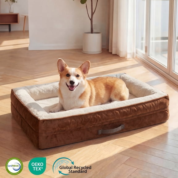Orthopedic Dog Bed Large Waterproof Pet Sofa Bed Four-Sided Bolster Cushion Dog Couch with Removable Washable Cover,Brown