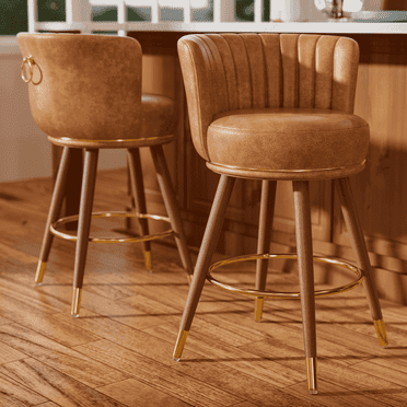 Solfway Swivel Counter Height Bar Stools Set of 2, 24 inch Brown Leather Kitchen Swivel Counter Stools with Backs, Wood Legs and Footrest, Bar Chairs for Kitchen Island
