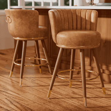 Solfway Swivel Counter Height Bar Stools Set of 2, 24 inch Brown Leather Kitchen Swivel Counter Stools with Backs, Wood Legs and Footrest, Bar Chairs for Kitchen Island