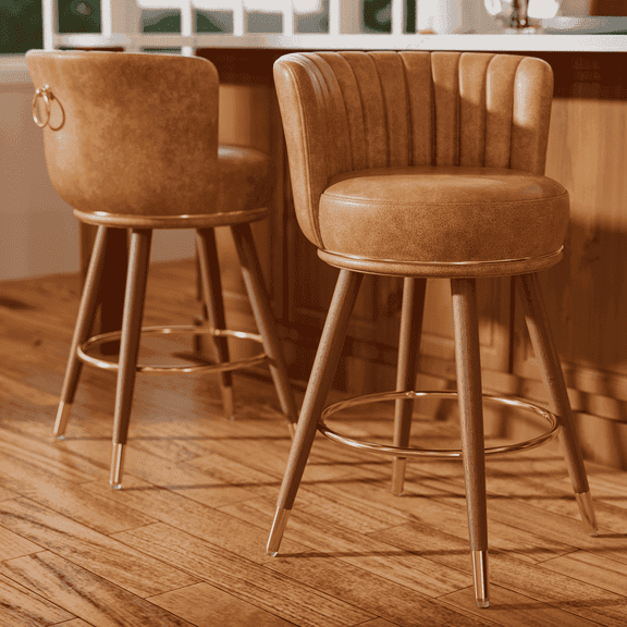Genpo Swivel Counter Height Bar Stools Set of 2, 24 inch Brown Leather Kitchen Swivel Counter Stools with Backs, Wood Legs and Footrest, Bar Chairs for Kitchen Island