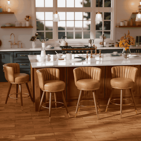 Genpo Swivel Counter Height Bar Stools Set of 4, 24 inch Brown Leather Kitchen Swivel Counter Stools with Backs, Wood Legs and Footrest, Bar Chairs for Kitchen Island