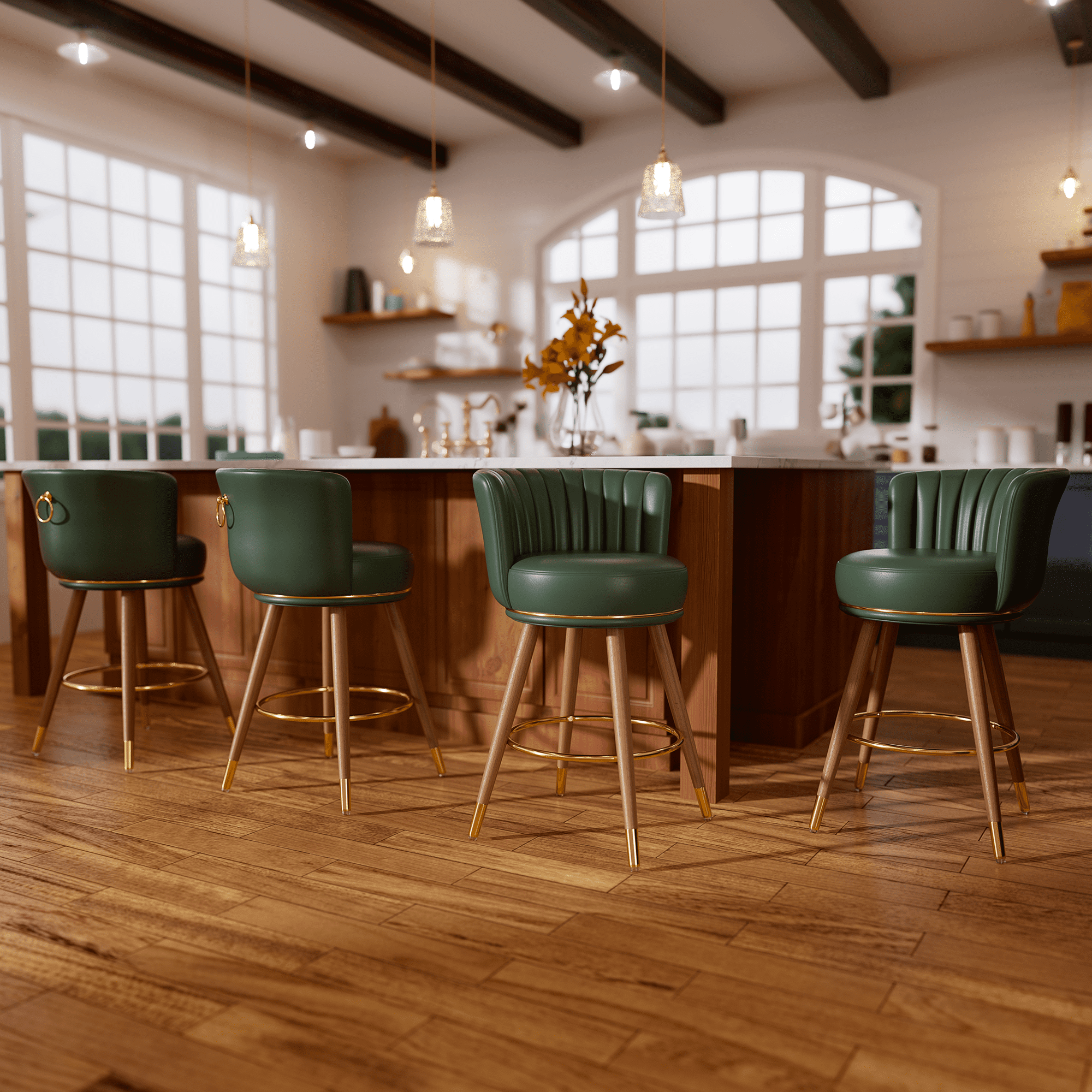 Green Leather Swivel Low Back Bar Stools with Wood Legs, Set of 4