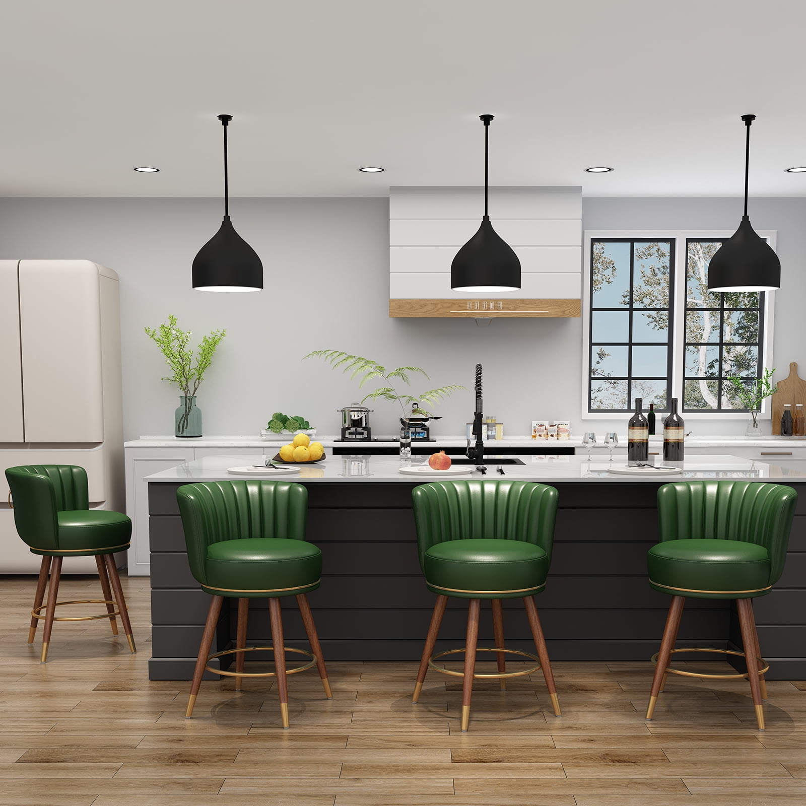Green Leather Swivel Low Back Bar Stools with Wood Legs, Set of 4