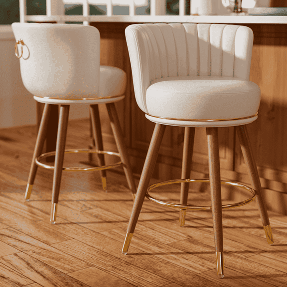 Genpo Swivel Counter Height Bar Stools Set of 2, 24 inch White Leather Kitchen Swivel Counter Stools with Backs, Wood Legs and Footrest, Bar Chairs for Kitchen Island