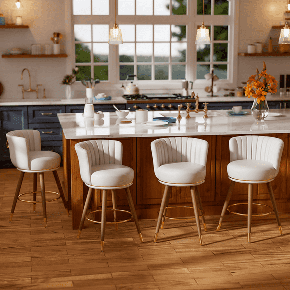 Solfway Swivel Counter Height Bar Stools Set of 4, 24 inch White Leather Kitchen Swivel Counter Stools with Backs, Wood Legs and Footrest, Bar Chairs for Kitchen Island