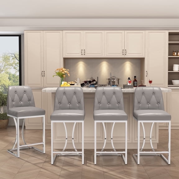 Genpo 24" Counter Height Bar Stools Set of 4, Gray Leather Counter Stool Bar Chairs with Back for Kitchen Island