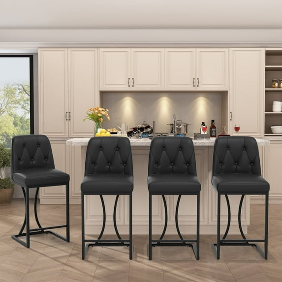 Solfway 24" Counter Height Bar Stools Set of 4, Black Leather Barstools with Back and Metal Legs, Counter Stools Bar Chair for Kitchen Island