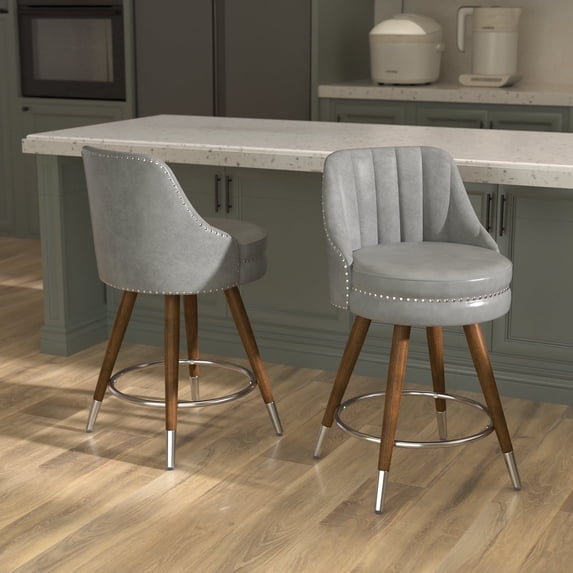 Genpo 24" Counter Height Bar stools Set of 2, Grey Leather Bar Stools with Backs, Swivel Counter Stools with Wooden Legs For Kitchen Island