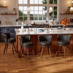 Genpo Swivel Counter Height Bar Stools Set of 4, 24 inch Black Leather Kitchen Swivel Counter Stools with Backs, Metal Legs and Footrest, Bar Chairs for Kitchen Island
