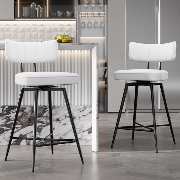 Solfway Swivel Counter Height Bar Stools Set of 2, 26" Leather Swivel Bar Stools with Backs, Metal Legs, Modern Stools for Kitchen Counter, White