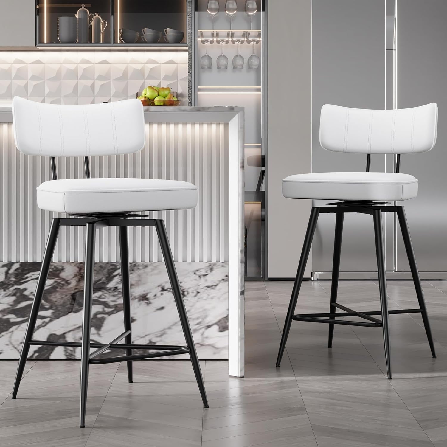 White Adjustable Swivel Leather Bar Stools with Metal Footrest, Set of 2