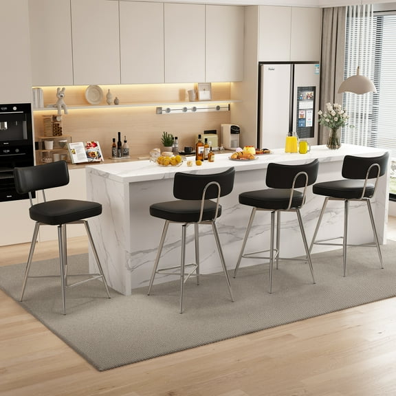 Solfway Swivel Counter Height Bar Stools Set of 4, 26" Leather Swivel Bar Stools with Backs, Metal Legs, Modern Stools for Kitchen Counter, Black