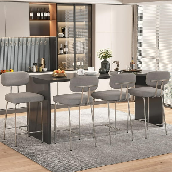 Solfway Counter Height Bar Stools Set of 4, 26" Gray Bar Stools with Back and Metal Legs, Fabric Kitchen Counter Stools with Footrest and Wide Seat, Bar Chairs for Kitchen Island