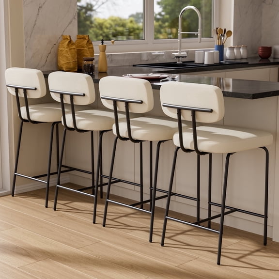 Genpo Counter Height Bar Stools Set of 4, 26" White Fabric Kitchen Counter Stools with Backs, Metal Legs, Footrest and Wide Seat, Bar Chairs for Kitchen Island