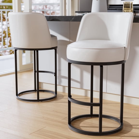 Genpo Bar Stools Set of 2, 26 inch Counter Height Bar Stools, Swivel White Leather Barstools with Backs, Round Base, Footrest, Metal Legs for Kitchen Island