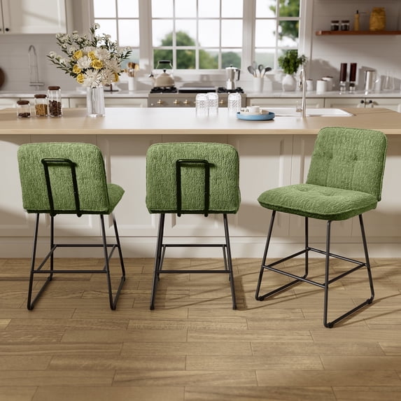 Solfway Bar Stools Set of 3, 26 inch Counter Height Bar Stools with Back, Modern Green Velvet Bar Chairs for Kitchen Island with Metal Legs and Footrest