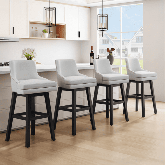 Genpo Bar Stools Set of 4, 26" H Upholstered Barstools with Backs, Swivel Modern Counter Height Bar Stool Chairs for Kitchen Island, Wood Legs, White Fabric Counter Stools