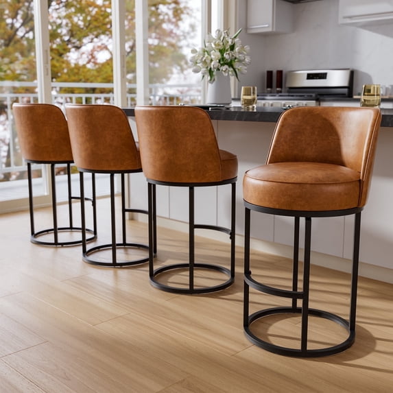 Genpo Bar Stools Set of 4, 26 inch Counter Height Bar Stools, Swivel Brown Leather Barstools with Backs, Round Base, Footrest, Metal Legs for Kitchen Island