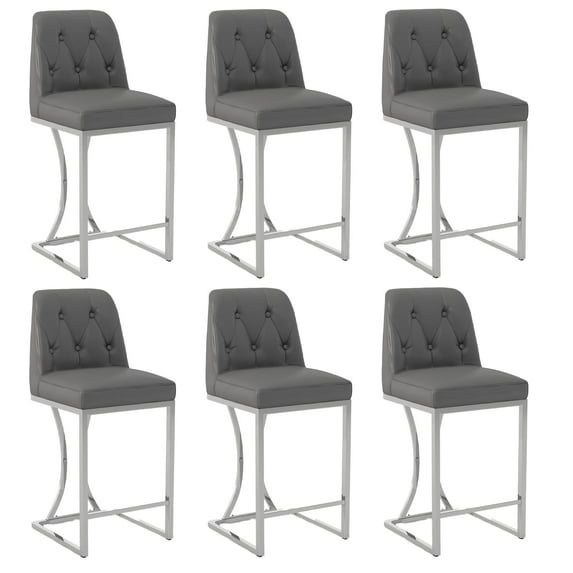Solfway Bar Stools Set of 6, 24" Kitchen Counter Height Bar Stools with Back Golden Metal Legs and Footrest, Gray Leather Barstools for Kitchen Island