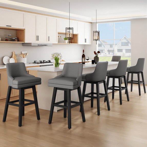 Solfway Bar Stools Set of 6, 26" H Upholstered Barstools with Backs, Swivel Modern Counter Height Bar Stool Chairs for Kitchen Island, Wood Legs, Gray Fabric Counter Stools