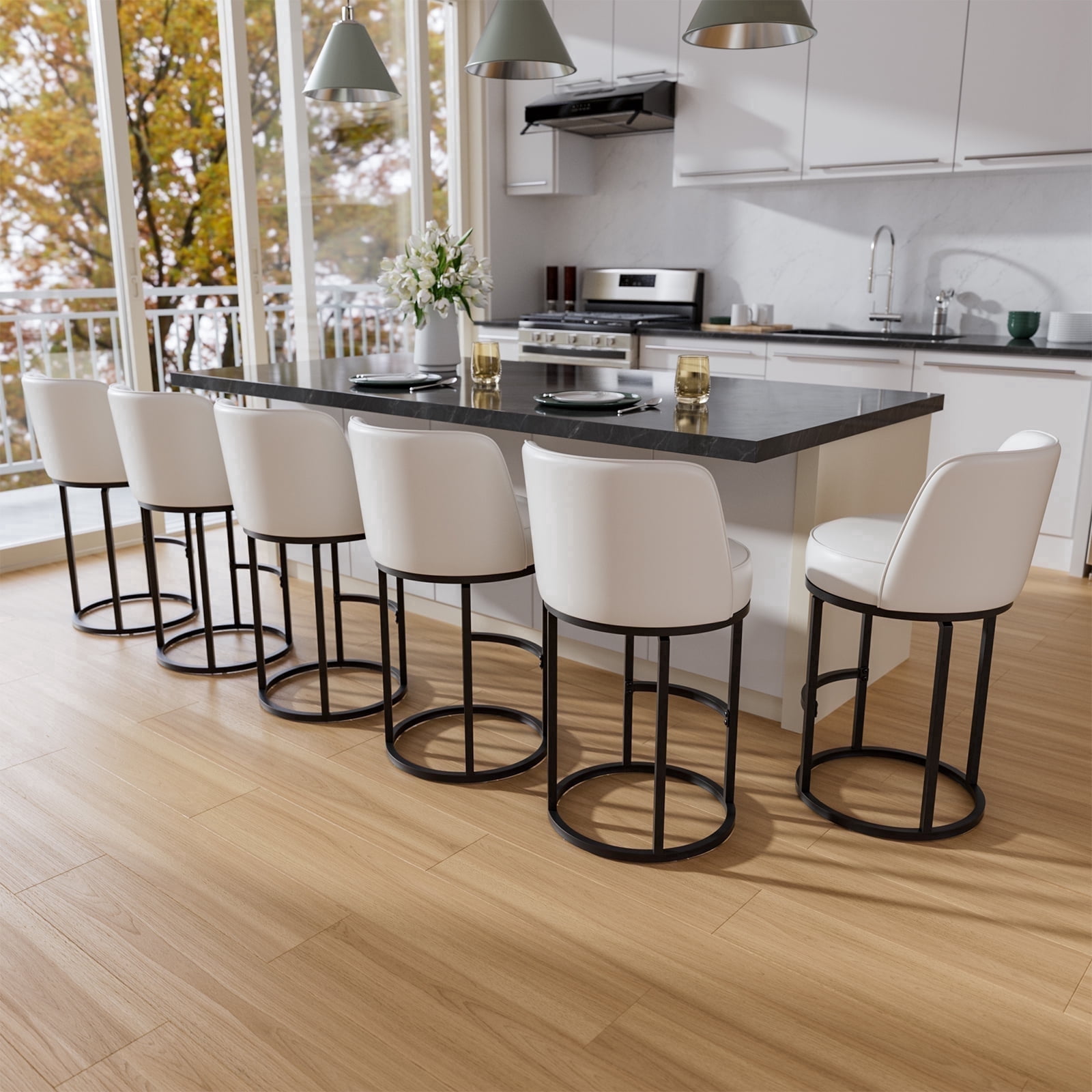 Genpo Bar Stools Set of 6, 26 inch Counter Height Bar Stools, Swivel White Leather Barstools with Backs, Round Base, Footrest, Metal Legs for Kitchen Island
