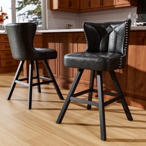 Genpo Bar Stools Set of 2, 26 Inch Barstools with Metal Legs, Black Leather Farmhouse Swivel Counter Height Bar Stool for Kitchen, Dining, Bar