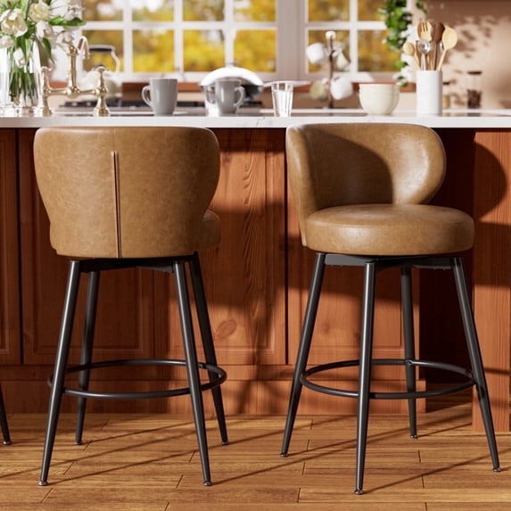 Genpo Bar Stools Set of 2, 26 inch Barstools with Sturdy Legs, Brown Leather Farmhouse Swivel Counter Height Bar Stool for Kitchen, Dining, Bar