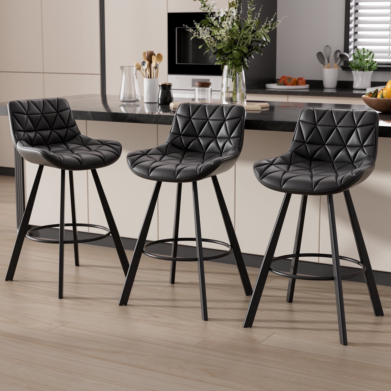 Genpo Bar Stools Set of 3, 26" Kitchen Counter Height Bar Stools with Back Metal Legs and Footrest, Black Leather Barstools for Kitchen Island