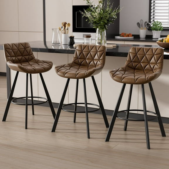 Solfway Bar Stools Set of 3, 26" Kitchen Counter Height Bar Stools with Back Metal Legs and Footrest, Brown Leather Barstools for Kitchen Island