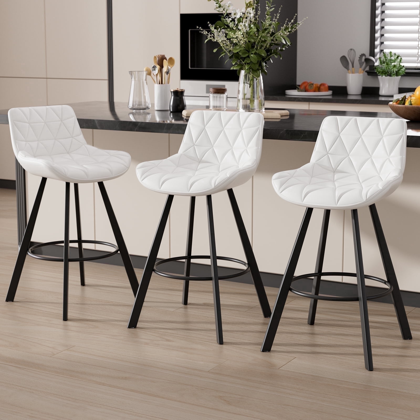 Genpo Bar Stools Set of 3, 26" Kitchen Counter Height Bar Stools with Back Metal Legs and Footrest, White Leather Barstools for Kitchen Island