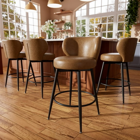 Solfway Bar Stools Set of 4, 26 Inch Barstools with Sturdy Legs, Brown Leather Farmhouse Swivel Counter Height Bar Stool for Kitchen, Dining, Bar