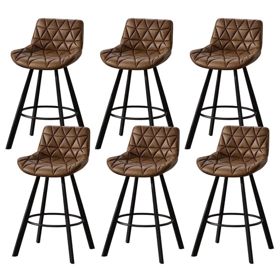 Genpo Bar Stools Set of 6, 26" Kitchen Counter Height Bar Stools with Back Metal Legs and Footrest, Brown Leather Barstools for Kitchen Island