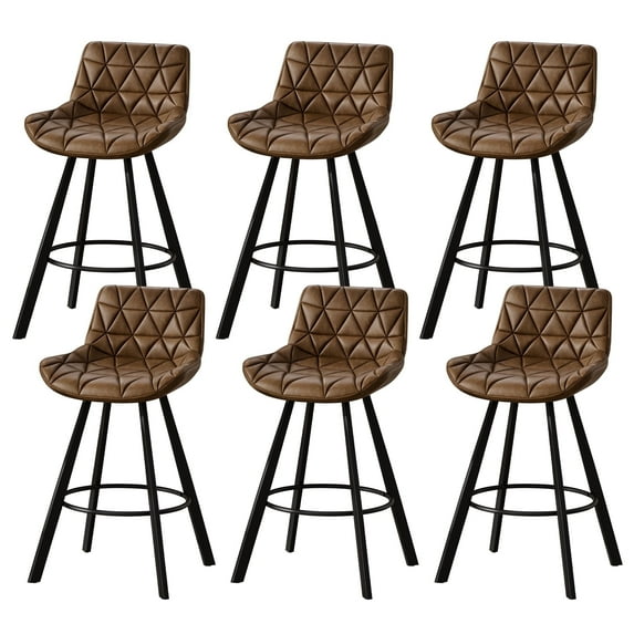 Solfway Bar Stools Set of 6, 26" Kitchen Counter Height Bar Stools with Back Metal Legs and Footrest, Brown Leather Barstools for Kitchen Island