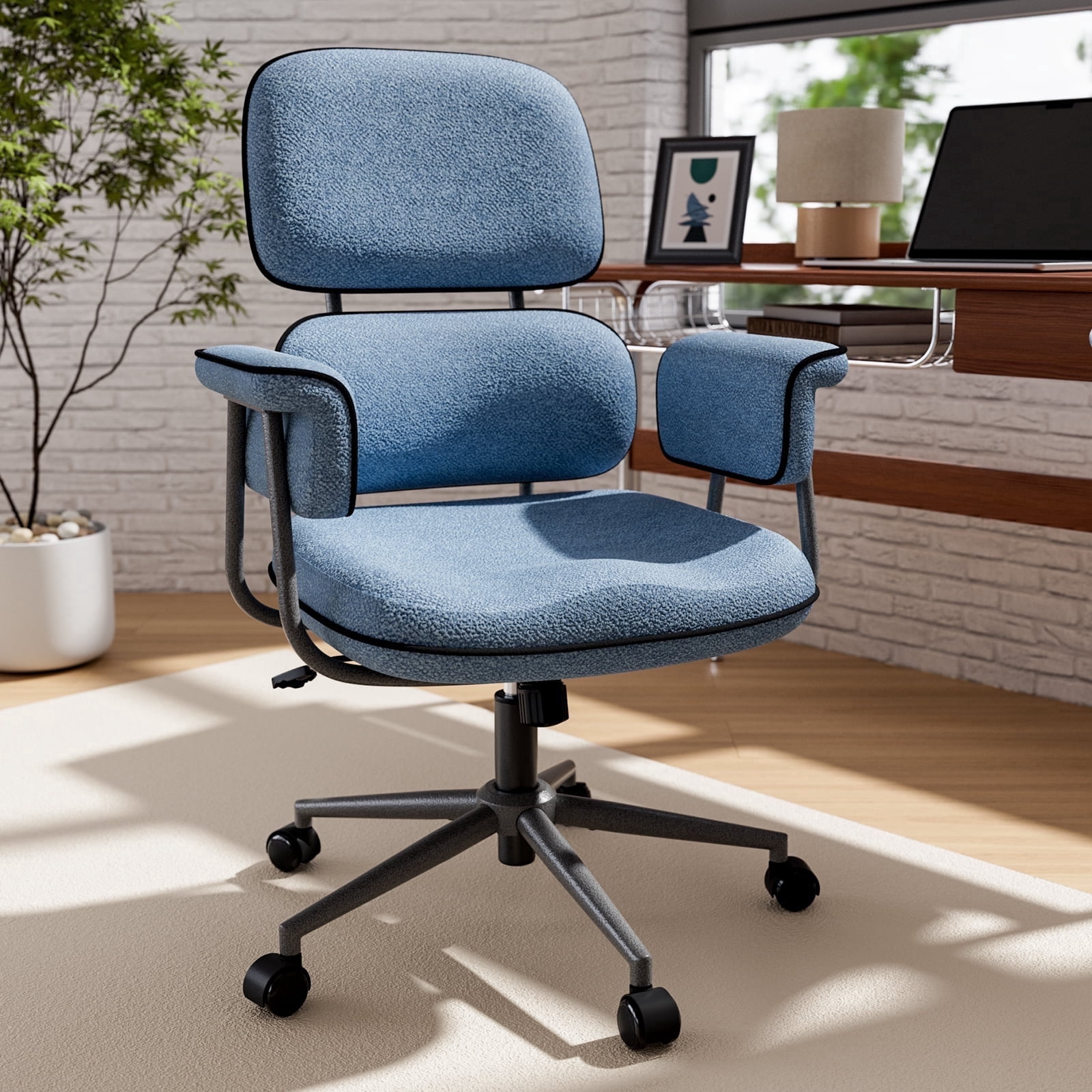 Genpo Desk Chair with Wheels and Arms, Blue Linen Fabric Executive Office Chair with Memory Foam Wide Seat, Padded Arms, Lumbar Support and Adjustable Height