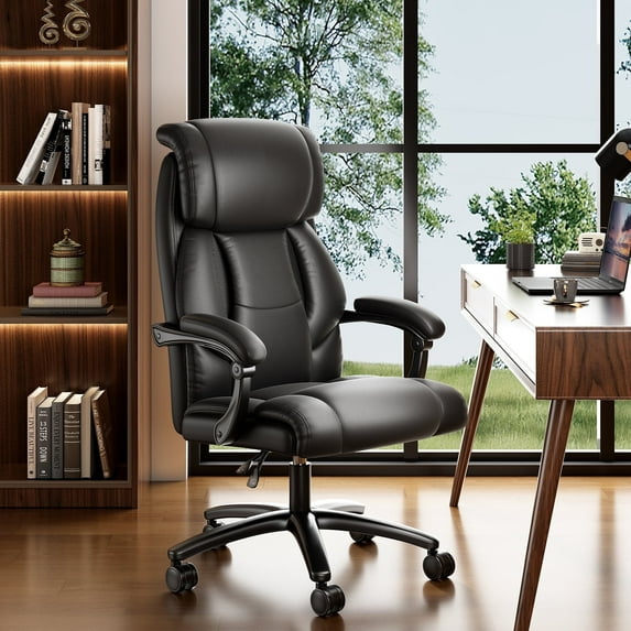 Solfway Reclining Office Chair, Big and Tall Executive Office Chair 400lbs, Black Leather Computer Chair with Adjustable Height and Lumbar Support for Adults Teens