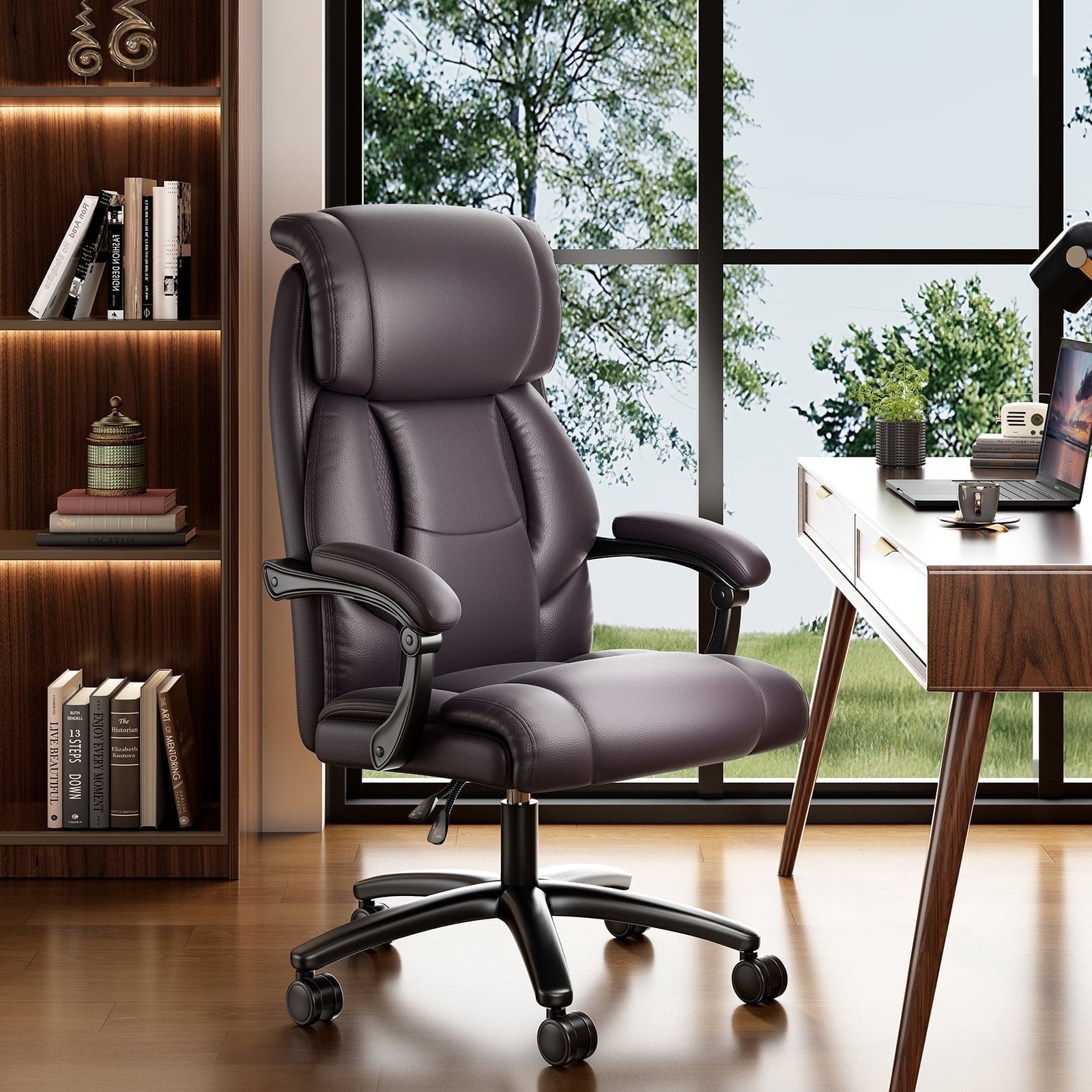 Genpo Reclining Office Chair, Big and Tall Executive Office Chair 400lbs, Brown Leather Computer Chair with Adjustable Height and Lumbar Support