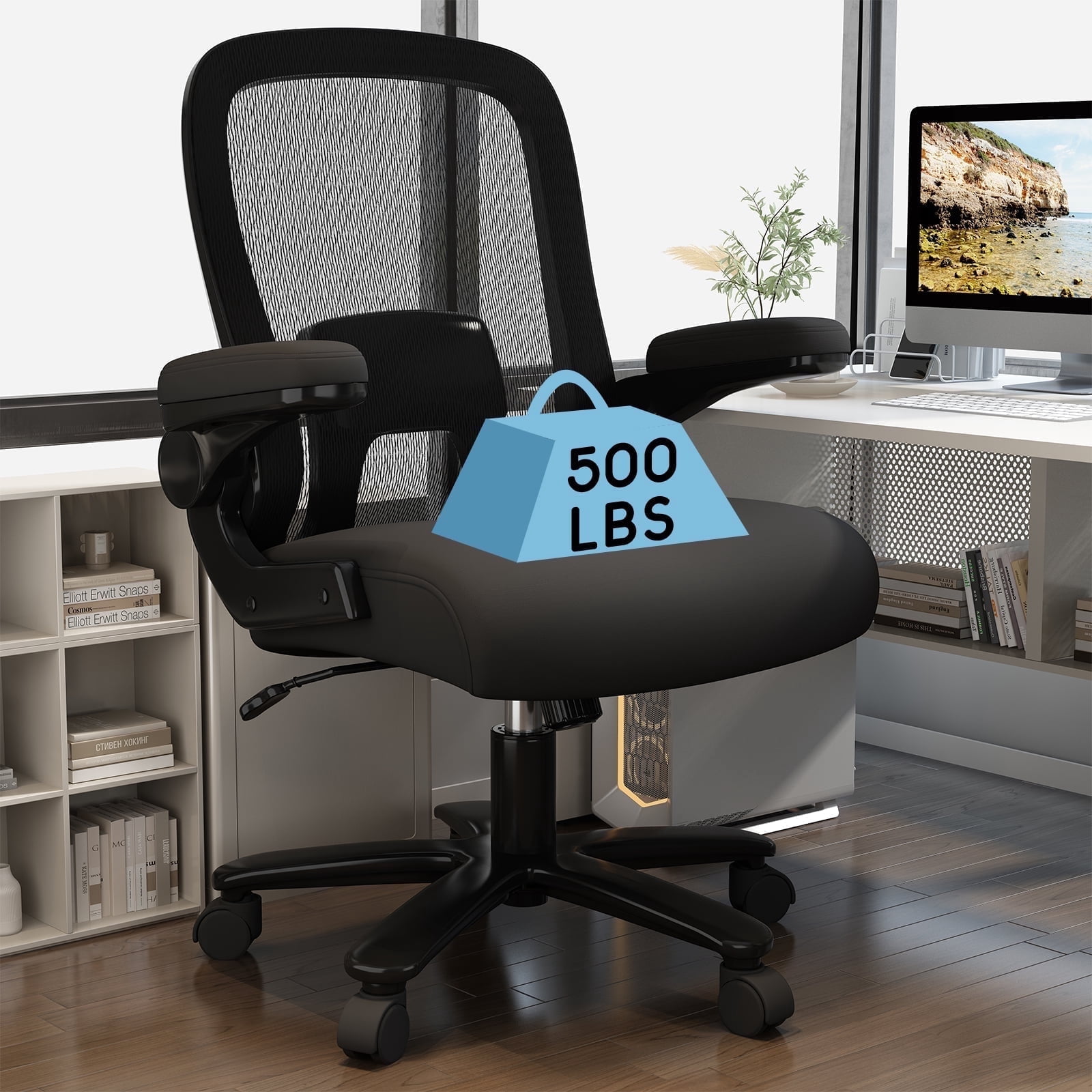 Solfway Big and Tall Mesh Office Chair 500 lbs, Ergonomic Computer Chair with Lumbar Support, Middle Back Desk Task Chair with Wide Seat, Black
