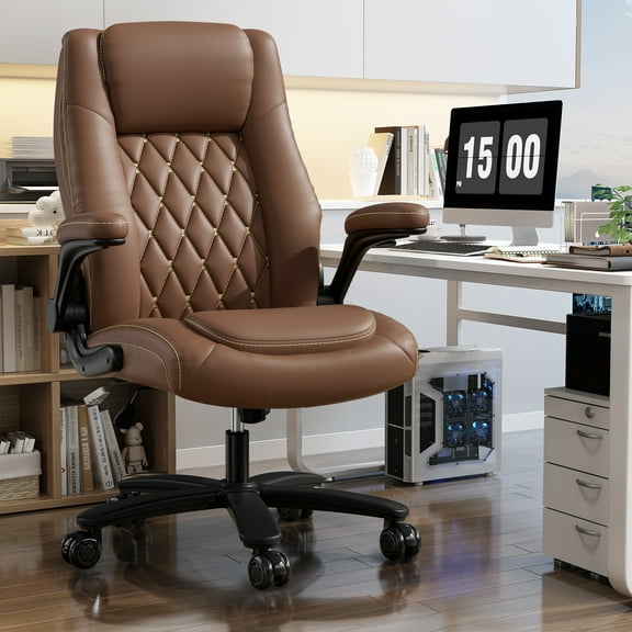 Solfway Big and Tall Office Chair 400LBS, High Back Brown Leather Executive Office Chair, Computer Desk Chair with Adjustable Flip-up Arms, Wheels and Lumbar Support