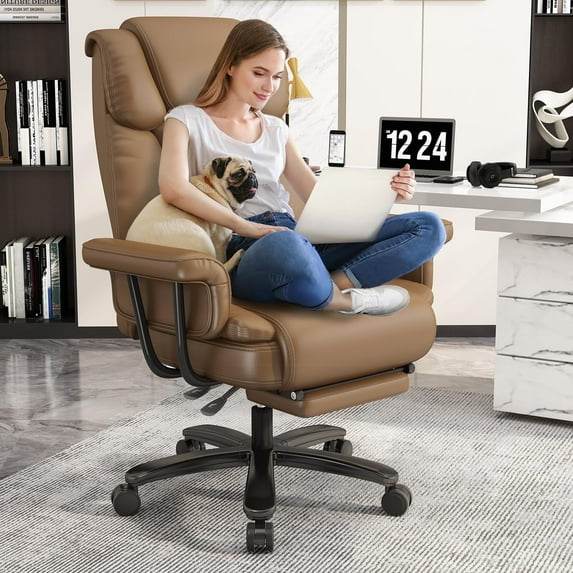Solfway Big and Tall Office Chair 400lbs, Reclining Home Office Desk Chair with Footrest for Adult, High Back Wide Seat Executive Computer Chair, Brown