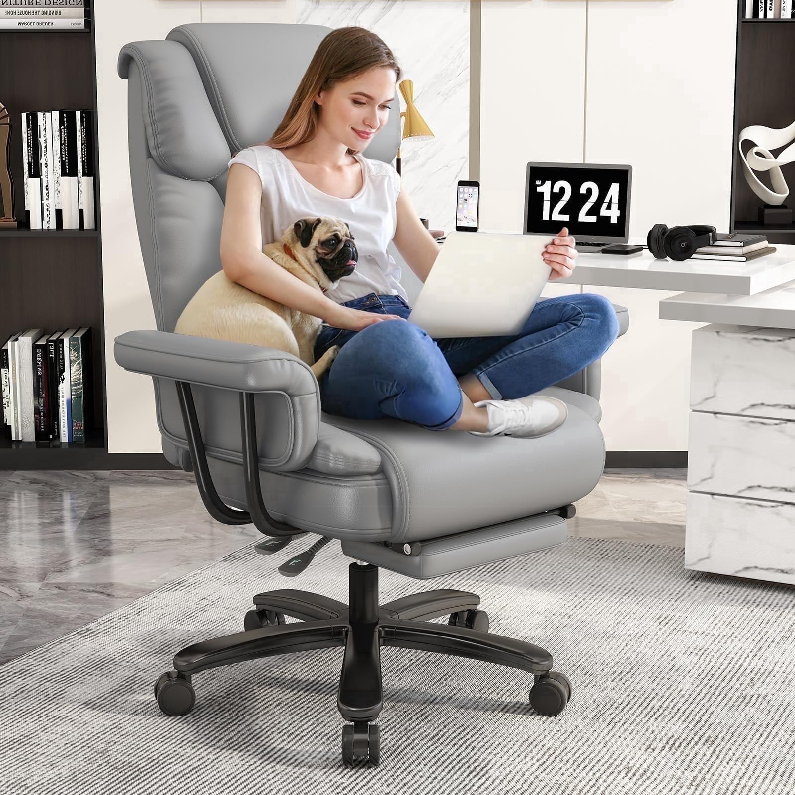 Genpo Big and Tall Office Chair 400lbs, Reclining Home Office Desk Chair with Footrest for Adult, High Back Wide Seat Executive Computer Chair, Gray