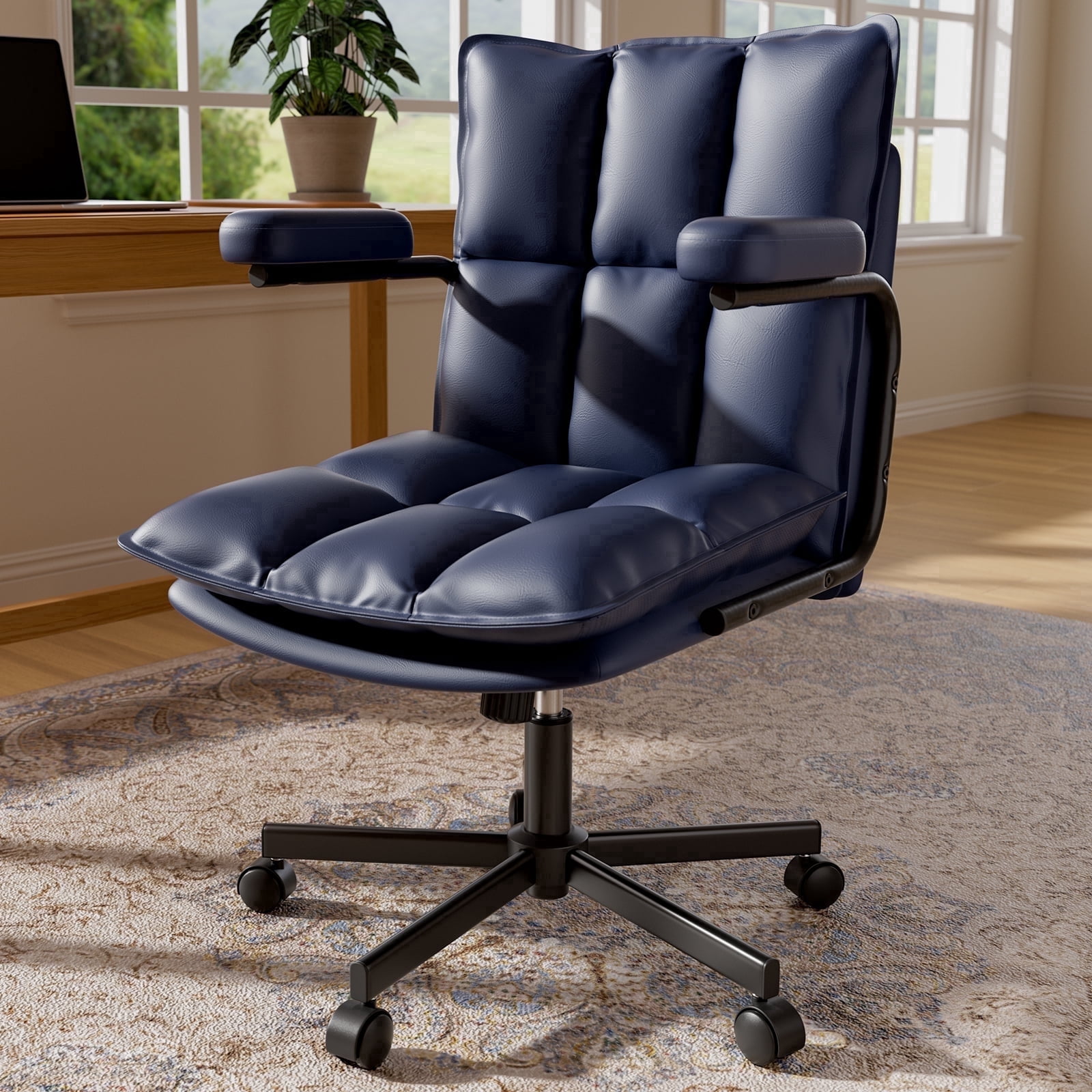 Genpo Blue Office Chair, Mid Century Modern Leather Desk Chair with Arms, Wheels, Thickend Back and Seat, Adjustable Height, Vintage Computer Chair for Home, Office