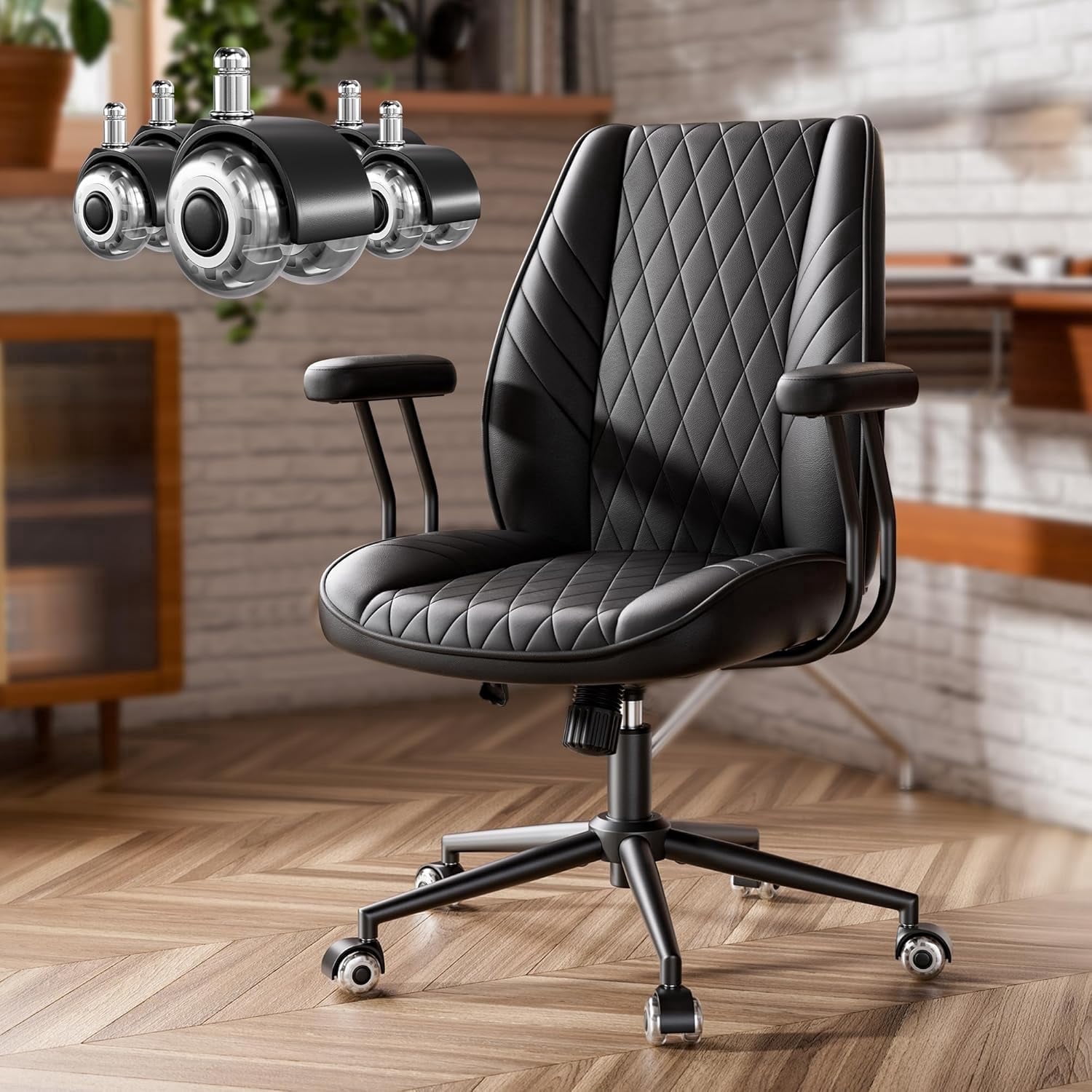 Genpo Black Leather Office Chair with Wheels Rubber Casters, Padded Arms and Adjustable Height, Mid Century Modern Style Vintage Desk Chair